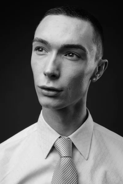 Studio Shot Young Handsome Androgynous Businessman Gray Background Black White — Stock Photo, Image