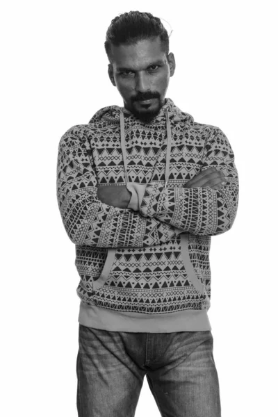 Studio Shot Young Handsome Bearded Indian Man Wearing Hoodie Isolated — Stock Photo, Image