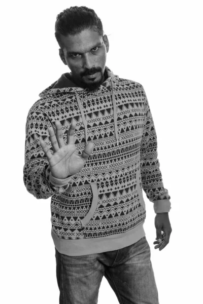 Studio Shot Young Handsome Bearded Indian Man Wearing Hoodie Isolated — Stock Photo, Image