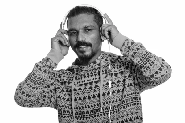 Studio Shot Young Handsome Bearded Indian Man Wearing Hoodie Isolated — Stock Photo, Image