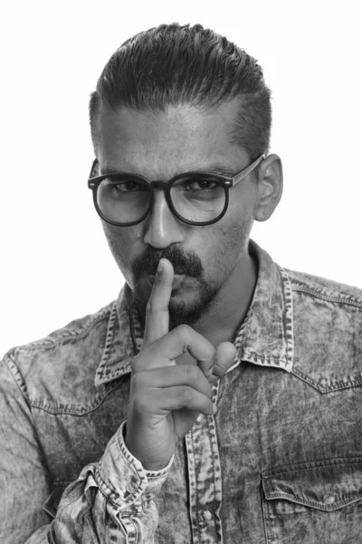 Studio Shot Young Handsome Bearded Indian Hipster Man Isolated White — Stock Photo, Image