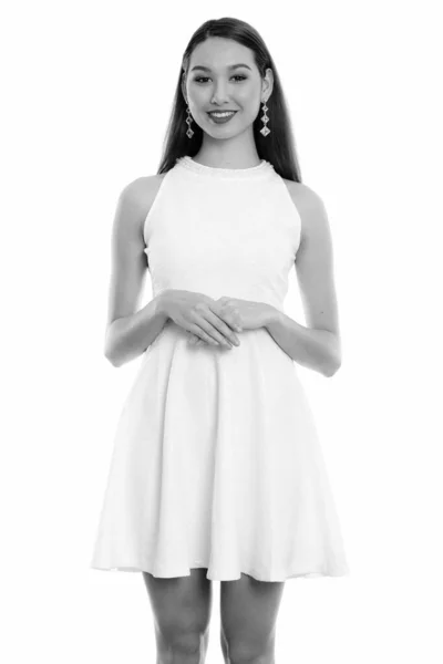 Студийный Снимок Молодой Красивой Азиатской Бизнесвумен Изолированы Белом Фоне Черно — стоковое фото