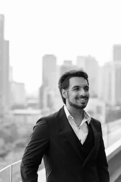Portrait Young Handsome Bearded Indian Businessman View City Black White — Stock Photo, Image