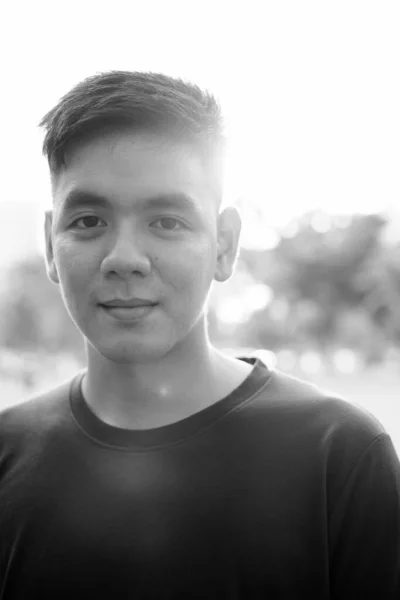 Portrait Young Handsome Filipino Man Relaxing Park Black White — Stok Foto