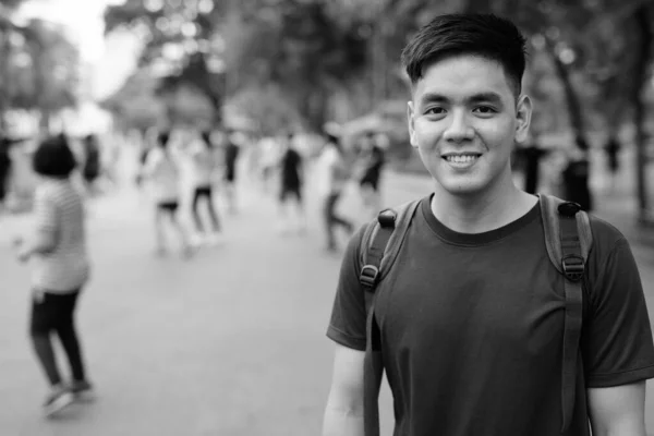 Portrait Young Handsome Filipino Tourist Man Backpack Relaxing Park Black — Stok Foto