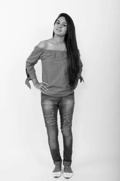 Studio Shot Young Beautiful Indian Woman White Background Black White — Stock Photo, Image