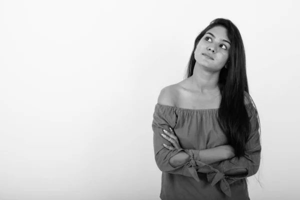 Studio Shot Young Beautiful Indian Woman White Background Black White — Stock Photo, Image