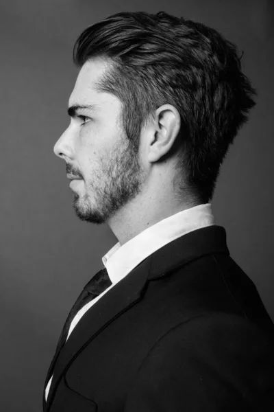 Studio Shot Young Handsome Bearded Businessman Gray Background Black White — Stock Photo, Image