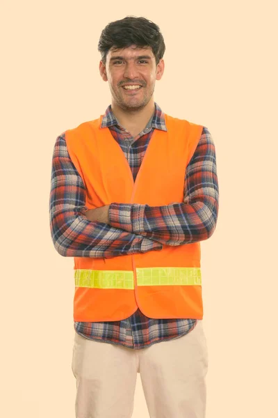 Studio Shot Young Persian Man Construction Worker Beard Stubble Isolated — Stock Photo, Image