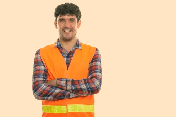 Studio Shot Young Persian Man Construction Worker Beard Stubble Isolated — Stock Photo, Image