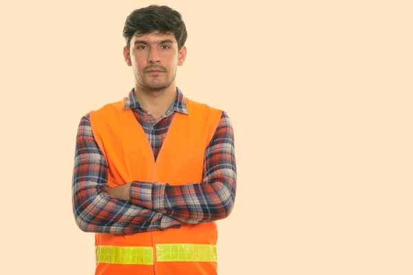 Studio Shot Young Persian Man Construction Worker Beard Stubble Isolated — Stock Photo, Image