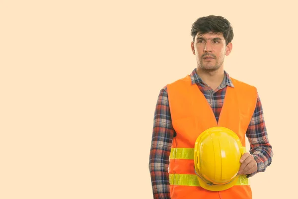 Estúdio Tiro Jovem Homem Persa Trabalhador Construção Com Barba Restolho — Fotografia de Stock