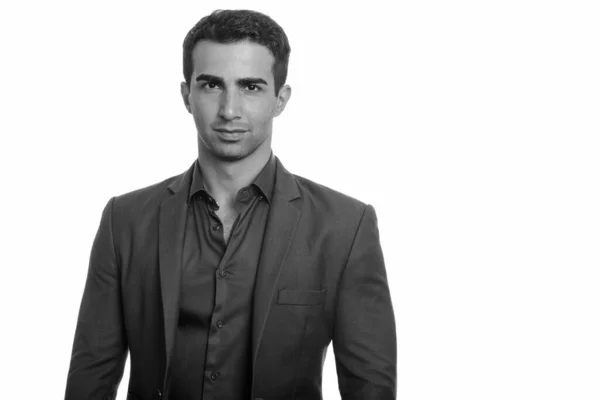 Studioaufnahme Eines Jungen Gut Aussehenden Persischen Geschäftsmannes Anzug Isoliert Vor — Stockfoto