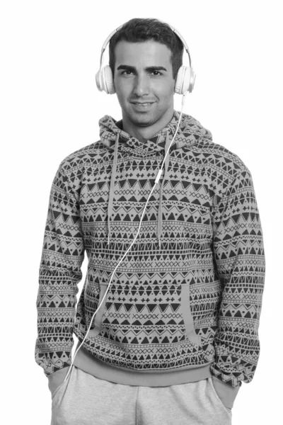 Studio Shot Young Handsome Persian Man Wearing Hoodie Isolated White — Stock Photo, Image