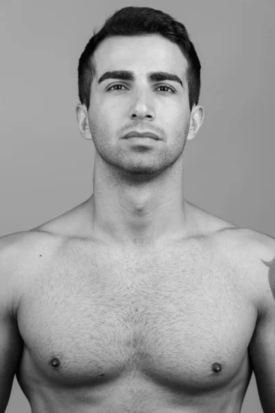 Studio Shot Young Handsome Muscular Persian Man Shirtless Isolated White — Stock Photo, Image
