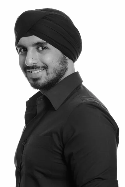 Studio Zdjęcie Młodego Brodatego Indyjskiego Biznesmena Sikh Turbanem Izolowane Białym — Zdjęcie stockowe