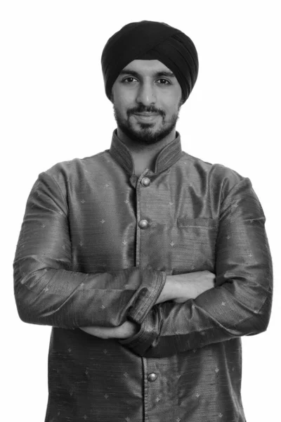 Estúdio Tiro Jovem Barbudo Indiano Sikh Homem Vestindo Roupas Tradicionais — Fotografia de Stock