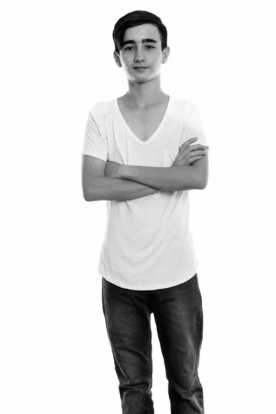 Студийный Снимок Молодого Красивого Персидского Подростка Изолированного Белом Фоне Черно — стоковое фото