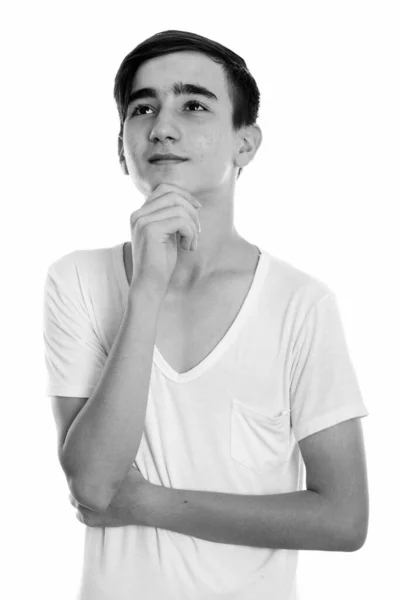 Студийный Снимок Молодого Красивого Персидского Подростка Изолированного Белом Фоне Черно — стоковое фото
