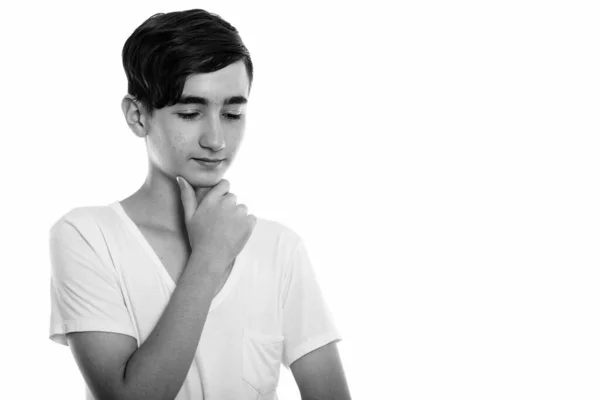 Estúdio Tiro Jovem Bonito Adolescente Persa Isolado Contra Fundo Branco — Fotografia de Stock