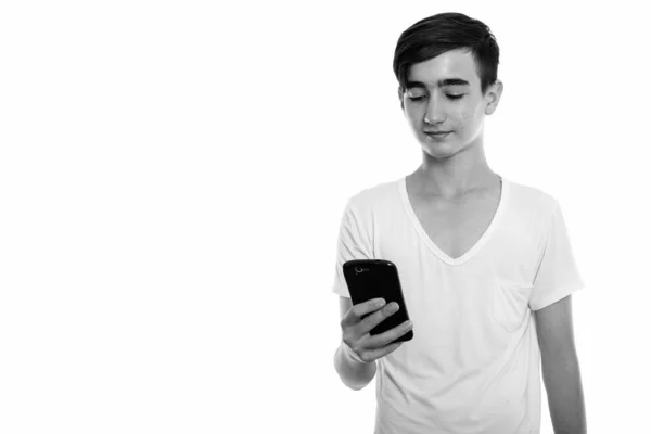 Estúdio Tiro Jovem Bonito Adolescente Persa Isolado Contra Fundo Branco — Fotografia de Stock