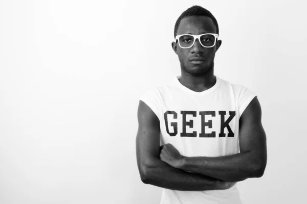 Studio Záběr Mladý Africký Nerd Muž Brýlemi Proti Bílému Pozadí — Stock fotografie