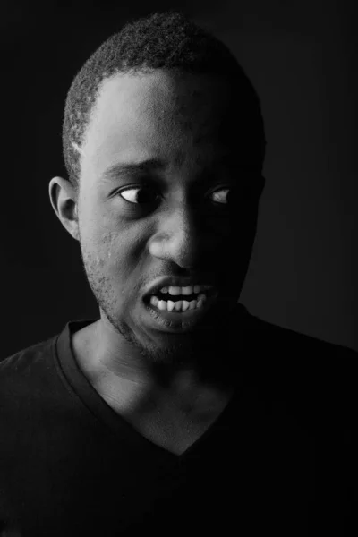 Studio Shot Young African Man Dark Room Black Background Black — Stock Photo, Image