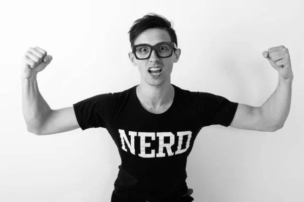 Estudio Hombre Nerd Guapo Joven Sobre Fondo Blanco Blanco Negro — Foto de Stock