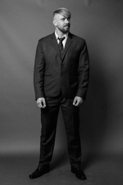 Stüdyo resmi, sarı saçlı, siyah beyaz saçlı, sakallı bir iş adamı.