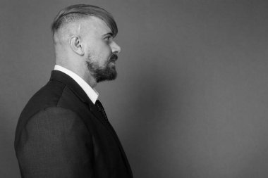 Stüdyo resmi, sarı saçlı, siyah beyaz saçlı, sakallı bir iş adamı.