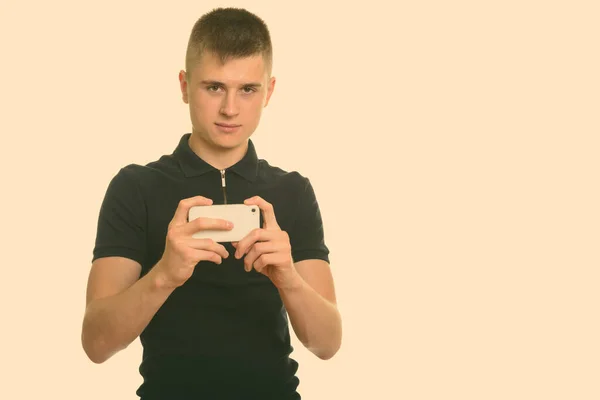 Estúdio Tiro Jovem Bonito Homem Isolado Contra Fundo Branco — Fotografia de Stock