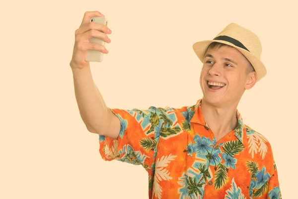 Studio Shot Jeune Touriste Beau Avec Chemise Hawaïenne Prêt Pour — Photo