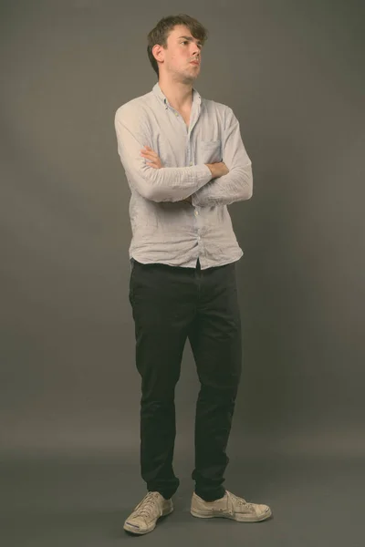 Studio Shot Young Handsome Man Wearing Blue Shirt Gray Background — Stock Photo, Image