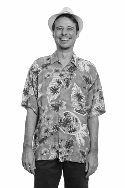 Hawaii Tişörtü Giyen Yakışıklı Turistin Siyah Beyaz Bir Tatil Için — Stok fotoğraf