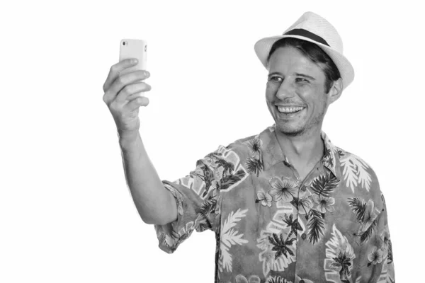 Studio Shot Handsome Tourist Man Wearing Hawaiian Shirt Ready Vacation — Stock Photo, Image