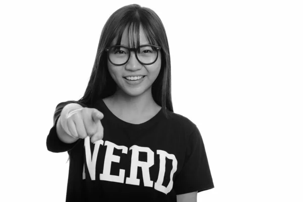 Estúdio Tiro Jovem Nerd Asiático Adolescente Com Óculos Isolados Contra — Fotografia de Stock