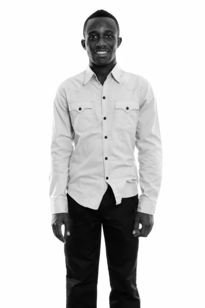 Studio Zdjęcia Młodego Afrykańskiego Biznesmena Izolowane Białym Tle Czerni Bieli — Zdjęcie stockowe