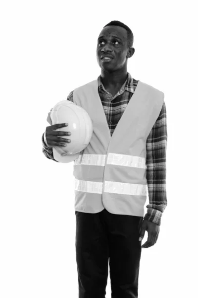 Estúdio Tiro Jovem Homem Africano Trabalhador Construção Isolado Contra Fundo — Fotografia de Stock