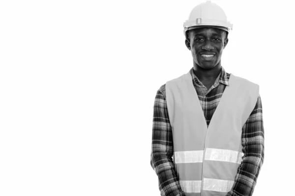Estudio Joven Trabajador Construcción Africano Aislado Sobre Fondo Blanco Blanco —  Fotos de Stock