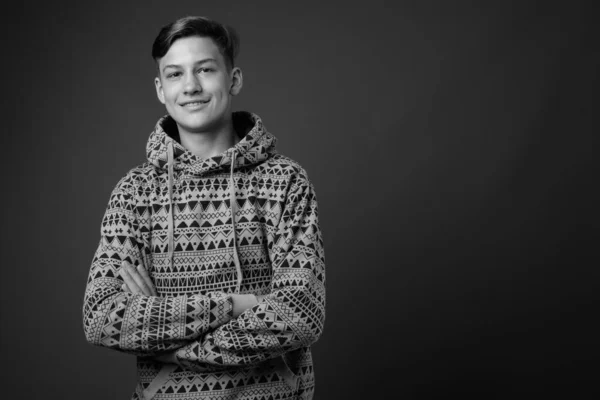 Studio Shot Young Handsome Teenage Boy Wearing Hoodie Gray Background — Stock Photo, Image
