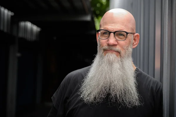 Portret Van Volwassen Knappe Kale Man Met Baard Straten Van — Stockfoto