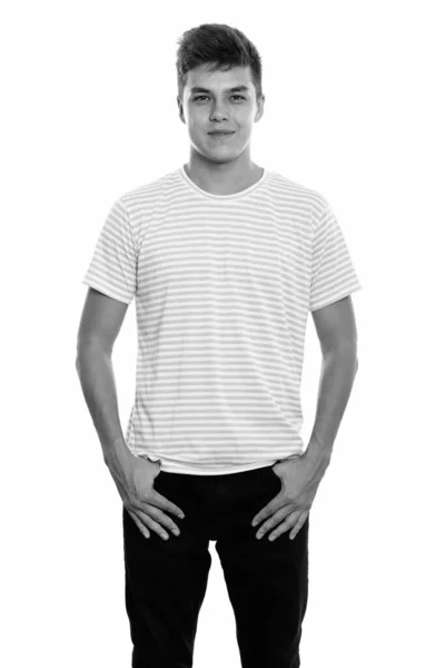 Studioaufnahme Eines Jungen Gutaussehenden Mannes Isoliert Vor Weißem Hintergrund Schwarz — Stockfoto
