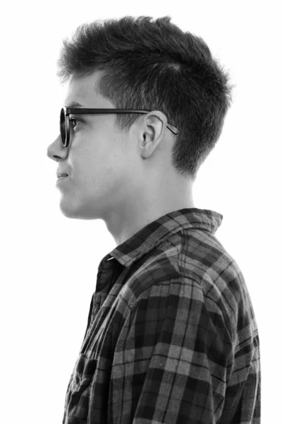 Studioaufnahme Eines Jungen Gut Aussehenden Hipstermannes Mit Brille Vor Weißem — Stockfoto