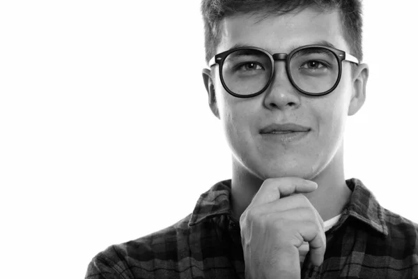 Studioaufnahme Eines Jungen Gut Aussehenden Hipstermannes Mit Brille Vor Weißem — Stockfoto