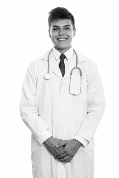 Студійний Знімок Молодого Красивого Лікаря Ізольованого Білому Тлі Чорно Білому — стокове фото