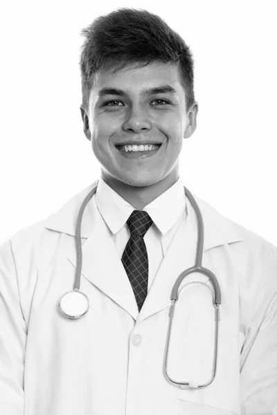 Studio Záběr Mladý Pohledný Muž Lékař Izolované Proti Bílému Pozadí — Stock fotografie