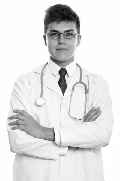 Студійний Знімок Молодого Красивого Лікаря Ізольованого Білому Тлі Чорно Білому — стокове фото