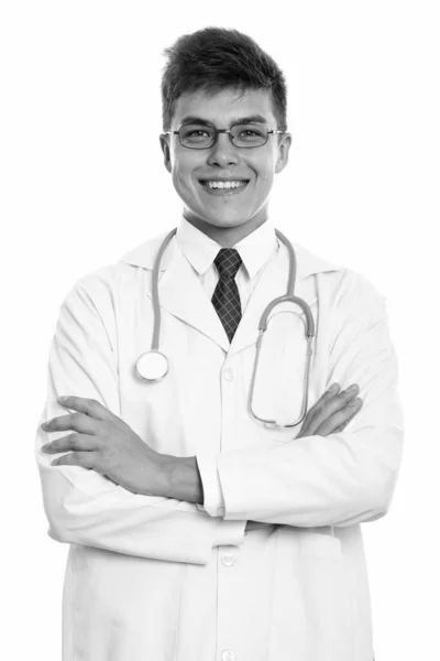 Estúdio Tiro Jovem Bonito Homem Médico Isolado Contra Fundo Branco — Fotografia de Stock