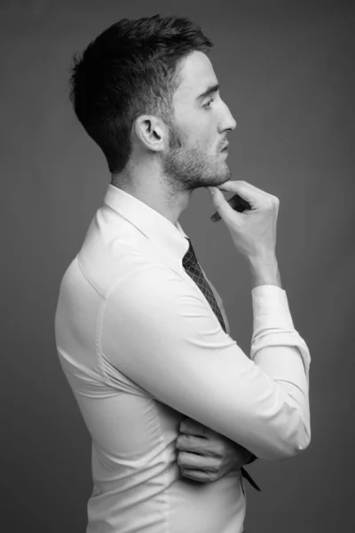 Studio Shot Young Handsome Businessman Wearing Shirt Tie Gray Background — Stock Photo, Image