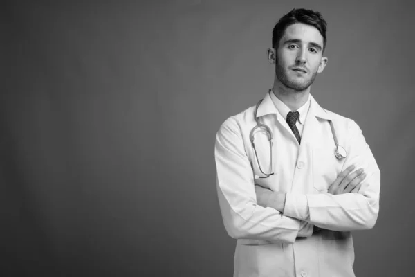 Studio Shot Young Handsome Man Doctor Gray Background Black White — Stock Photo, Image
